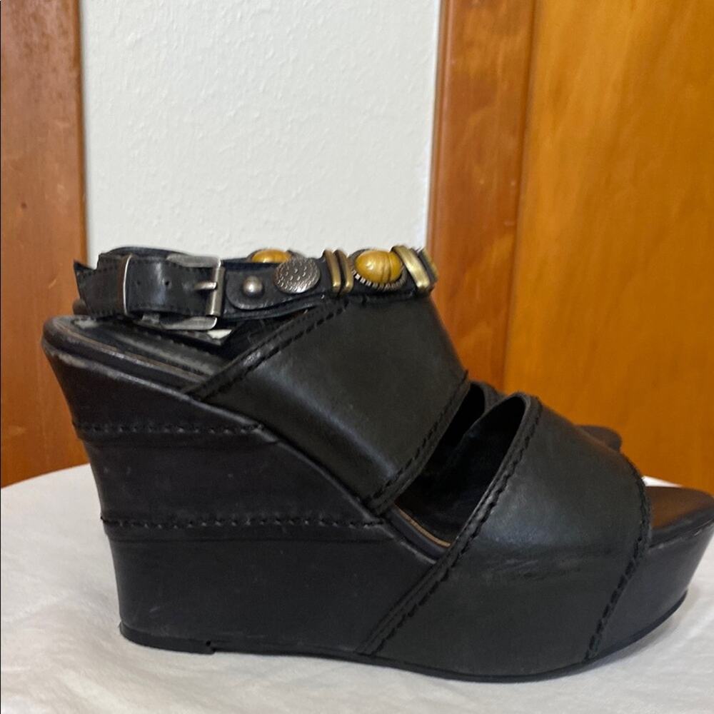 Nicole Black Leather Wedges 4" Gold Brass Silver  & Stone Accents Boho Art Craft